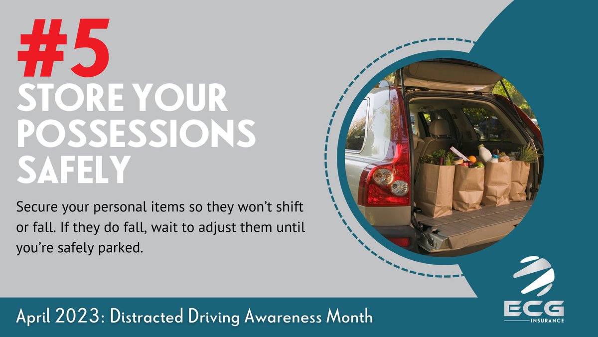 EcgInsurance's tweet image. Tip 5: Store Your Possessions Safely. Secure your personal items so they won’t shift or fall. If they do fall, wait to adjust them until you’re safely parked. 

#ECGInsurance #InsuranceMadeSimple #KansasInsurance #CarInsurance #DistractedDriving