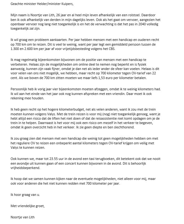 Beste mensen,

Willen jullie deze brief delen?
 
Een brief aan de ministers van VWS over Valys. 700 kilometer per jaar is te weinig om je vrije tijd te besteden.

Is de brief niet leesbaar vanaf de afbeelding? Dan kunt u de brief lezen via: noortjestrijdtdoor.wordpress.com/2023/04/23/bri…