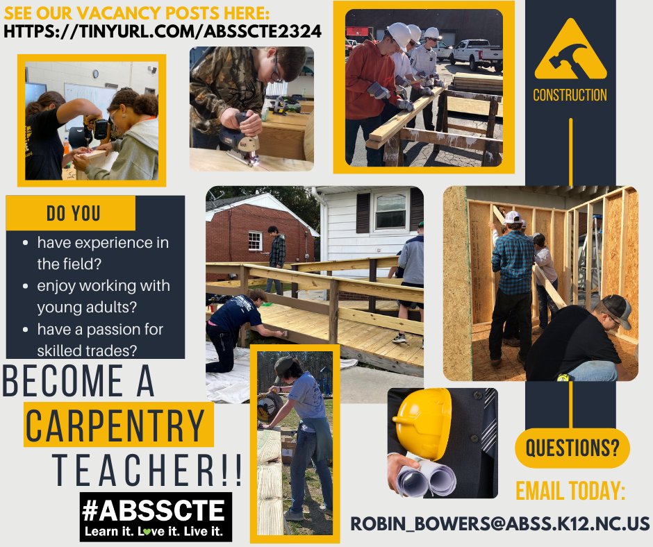 RobinBowers_CTE's tweet photo. #ABSSCTE has 2 Carpentry Teacher vacancies for the 23-24 school year - Eastern Alamance &amp; Southeast Alamance. Reach out if you have experience in Construction, enjoy working with young adults &amp; would like to learn more about sharing your passion by becoming a Carpentry teacher! https://t.co/ezeM6Gjsaq