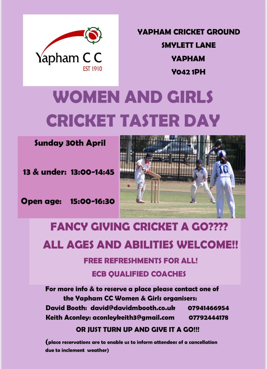 YaphamCC_WG's tweet photo. A huge bank holiday weekend for the women and girls.
On Sunday we are having our taster day, a chance for anybody who fancies it to come down and have a go.
Then on Monday our U15s begin their ECBT20 campaign with a trip to @HarrogateCC. https://t.co/ujQWeTxHaW
