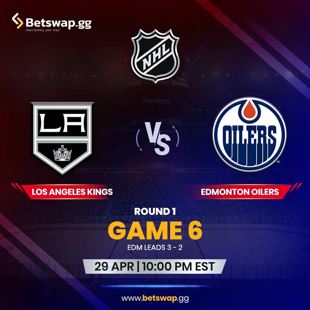 BetswapGG's tweet photo. The Edmonton Oilers take on the Los Angeles Kings in Game 6 of their Stanley Cup first-round series! With the Oilers leading 3-2, can the Kings make a comeback and keep their playoff hopes alive? Bet on your favorite on https://t.co/BHV4Ux4HbG
#KingsvsOilers #LAKings https://t.co/6p7qP8DYUs