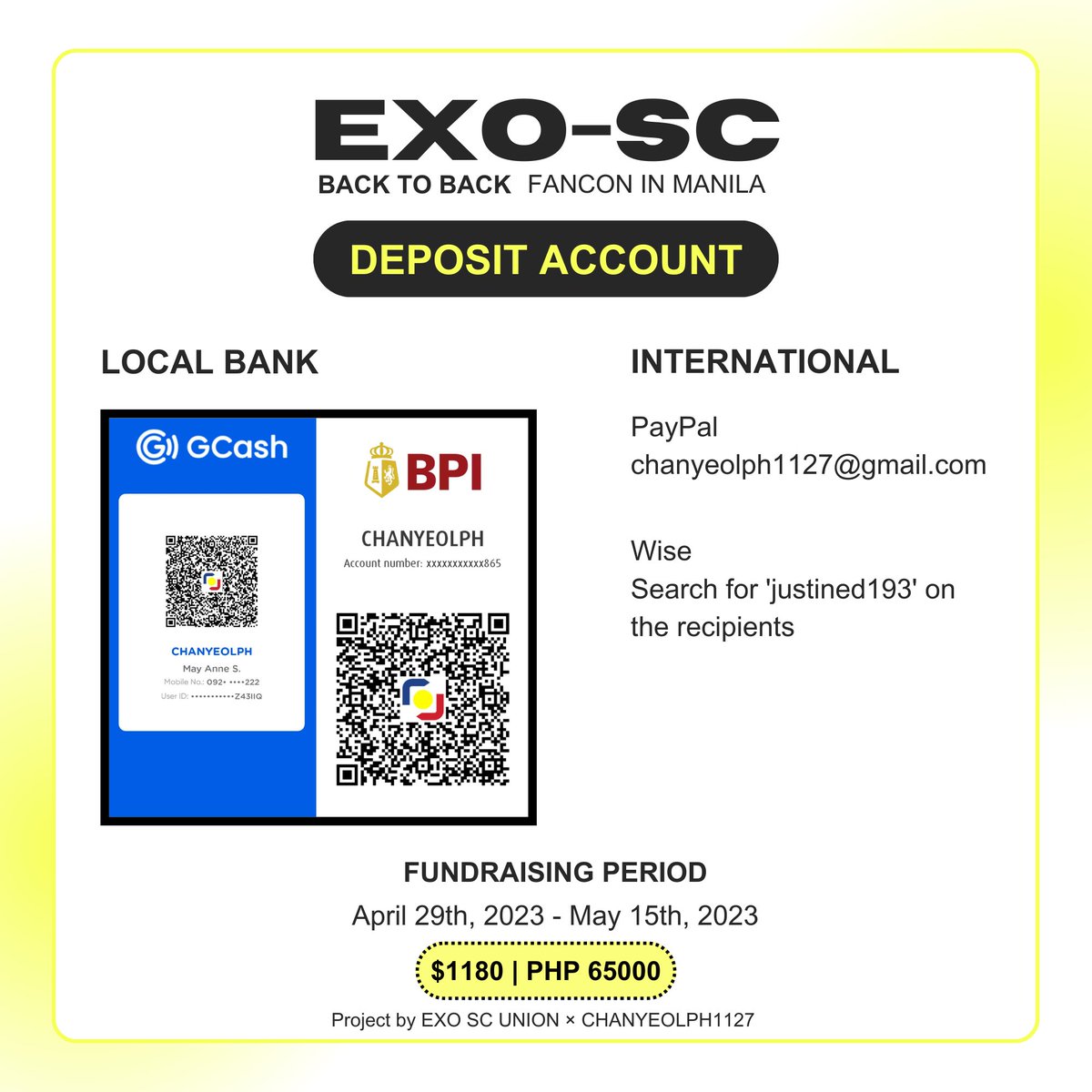 EXOSCUNION's tweet photo. [𝙁𝙐𝙉𝘿𝙍𝘼𝙄𝙎𝙄𝙉𝙂] 💛💛

𝐄𝐗𝐎-𝐒𝐂 '𝐁𝐀𝐂𝐊 𝐓𝐎 𝐁𝐀𝐂𝐊' 𝐅𝐀𝐍 𝐏𝐑𝐎𝐉𝐄𝐂𝐓 𝐈𝐍 𝐌𝐀𝐍𝐈𝐋𝐀

• Goal: $1180 | PHP 65000
• Period: April 29th - May 15th
• Donation Link: https://t.co/84ecdZLsXE

#EXOSC_BackToBack #EXOSCinMNL 
@weareoneEXO @ChanyeolPH1127 https://t.co/gvRZqfpwMH