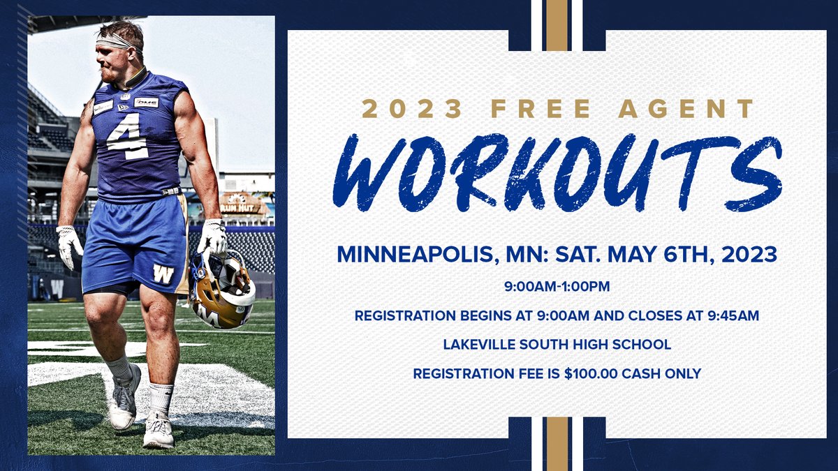 We're a week out from our next free agent workout! 

Where: Minneapolis, MN 
When: Saturday, May 6th, 2023 

Register » bit.ly/3oS4XA8
#ForTheW