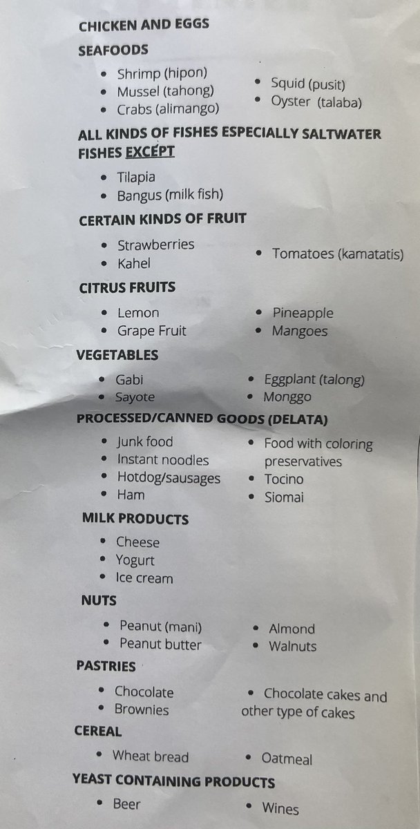 warrior41523's tweet photo. Hi guys,

I was given this list of food needed to avoid for 2 months.

I’m confused, 2 months ba talaga? https://t.co/3CQyWTguXM