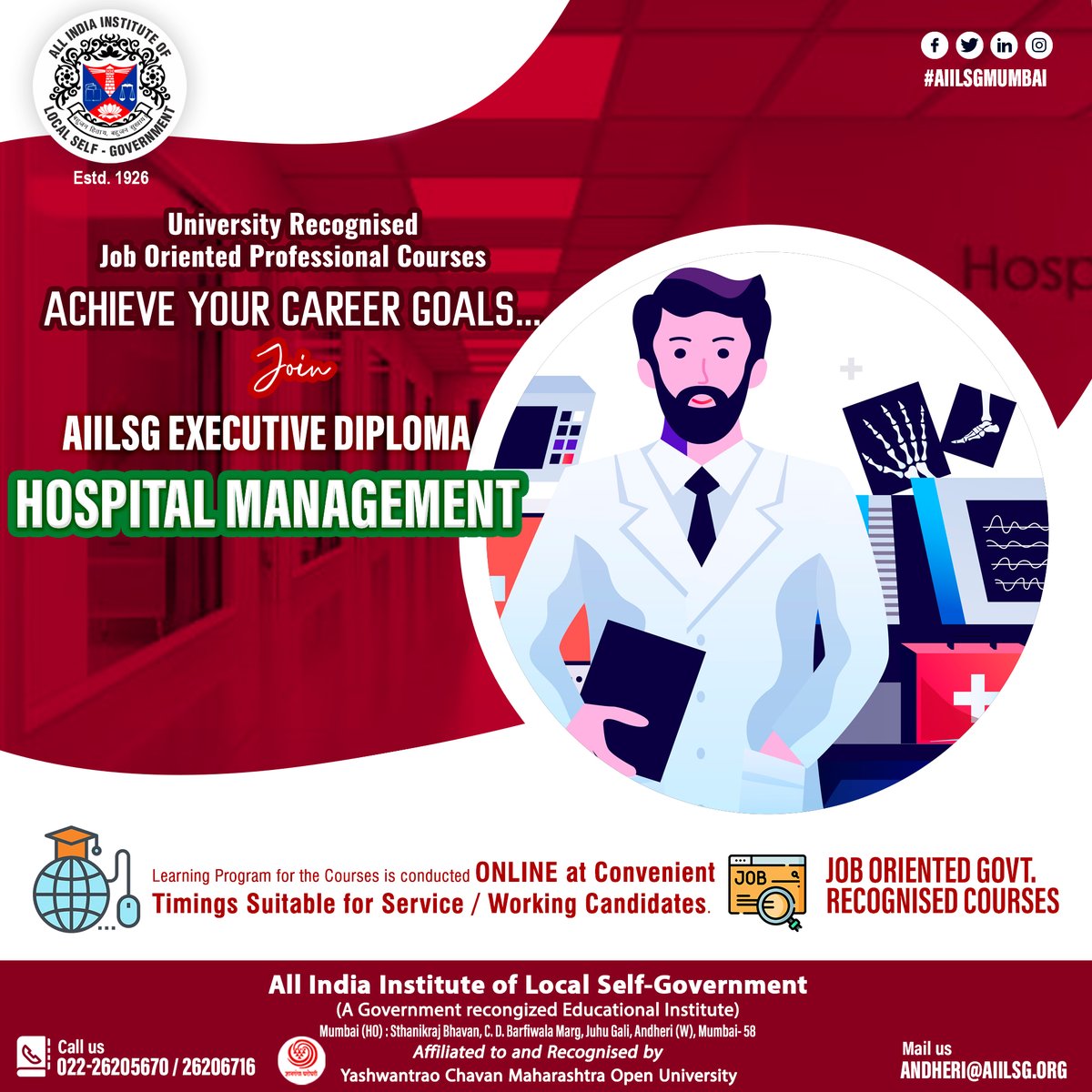 Attention Health Industry Aspirants...
Looking for #CareerGrowth??? #JobOpportunities? Join AIILSG Govt. recognised Diploma in HOSPITAL MNGT #ONLINE Learning / Training as per your convenience; Job Oriented; Training by Professionals. 
Call 022-26205670 andheri@aiilsg.org #Mumbai