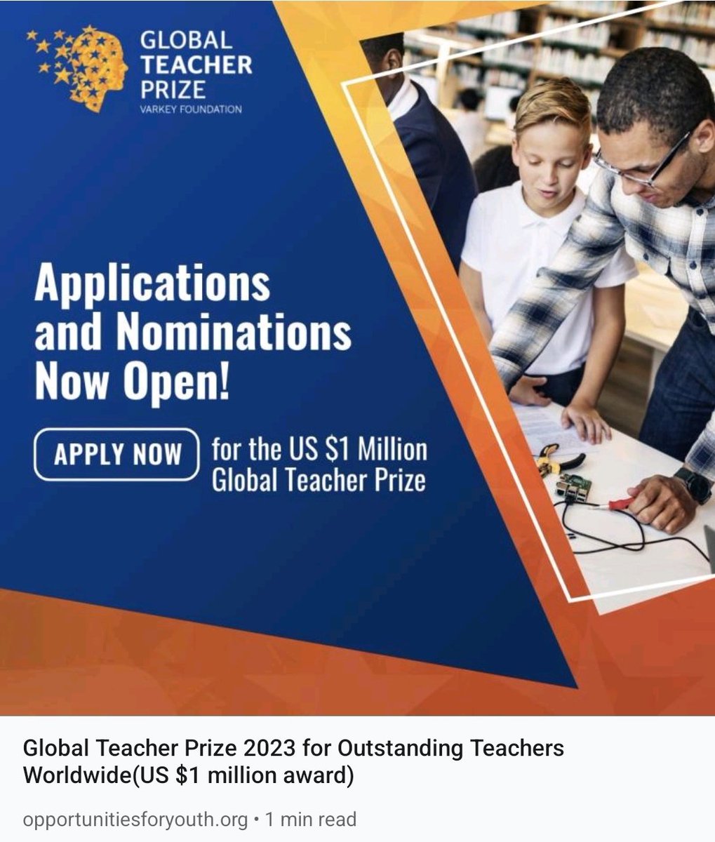 Calling all #teachers!

Applications for the #GlobalTeacherPrize 2023 are now open!

Apply here bit.ly/3HjJhU0

#award #opportunity #youth #contest #teachers #teachersoflinkedin #teachersofinstagram #teachersaward #teacherslife #education #student