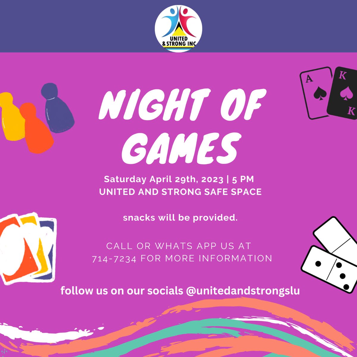 UnitedStrongSLu's tweet photo. Are you ready? It's almost time for our night of games! 🎯🎲🎭🕹🤹

Board games ♟
Card games 🃏
Video games 🎮 
Mind games 🧠 

📍United and Strong safe space
🕔 From 5 p.m 

Free snacks available!
Drinks on sale 🍺 

#unitedandstrong #gamesnight #foryouformeforus https://t.co/YGeglAhurn