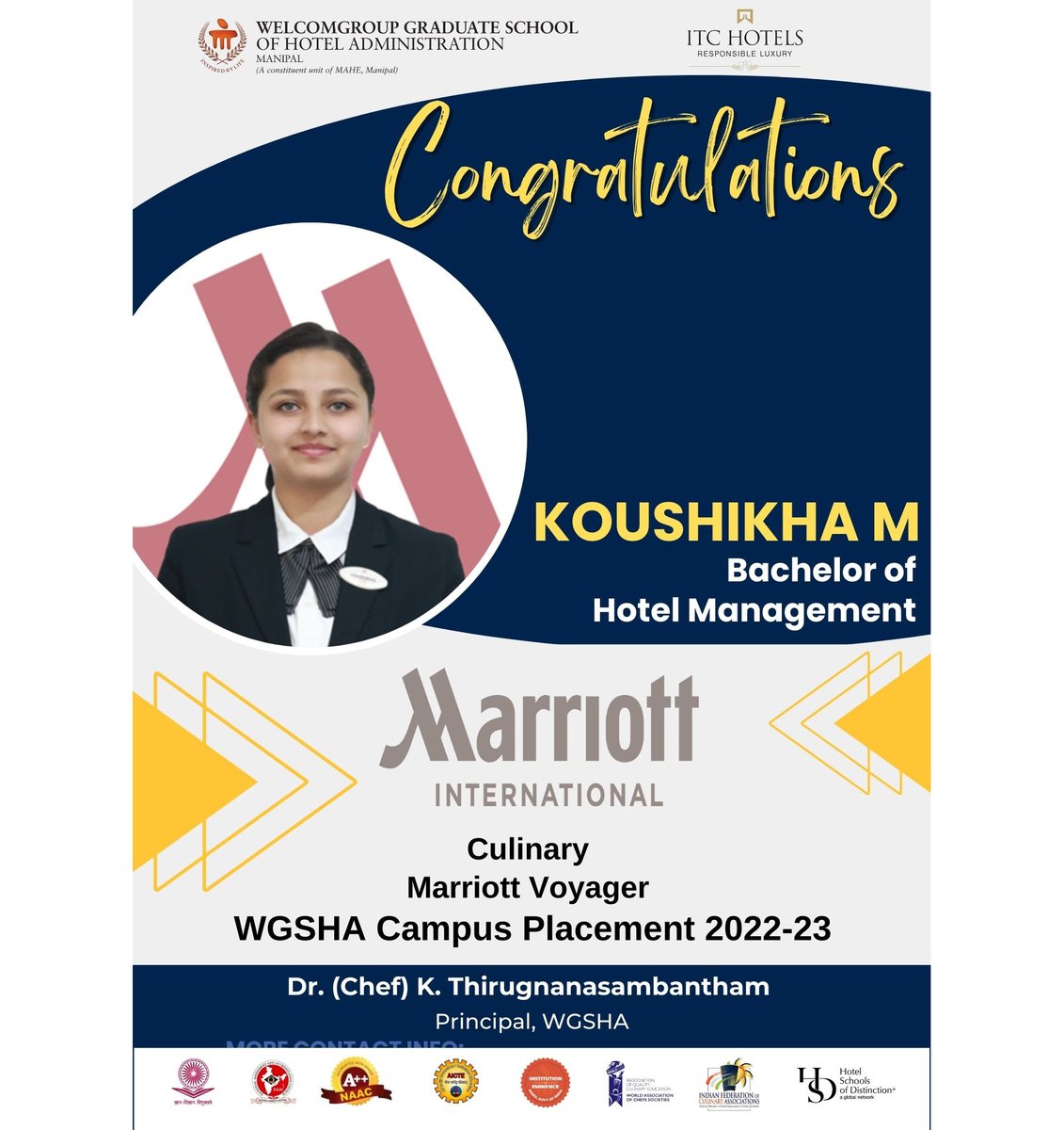 WManipal's tweet photo. #placement Congratulations Ms. koushikha M on her successful placement in WGSHA Placement Drive2023 for #Culinary at #marriottvoyager2023
@ThiruChef @MAHE_Manipal @ITCHotels @ITCCorpCom
#StudentsofWGSHA #hospitalityindustry #marriottinternational #MAHE #manipal https://t.co/8TTEHTfdIK