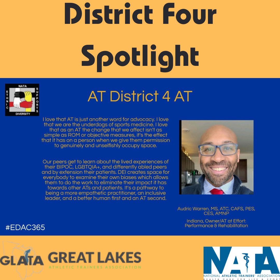 Throughout our #EDAC365 campaign, we will be highlighting Athletic Trainers from all districts. This month, our highlight comes from District 4. Meet Audric Warren, Owner/Athletic Trainer at Effort: Performance &amp; Rehabilitation. #EDAC4ALL #RepresentationMatters #DiversityMatters
