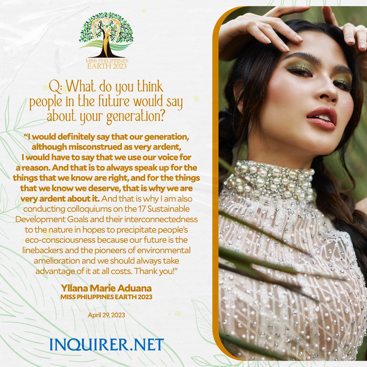 'WE USE OUR VOICE FOR A REASON' 👏

Here is the winning answer of Miss Philippines Earth 2023, Yllana Marie Aduana, during the pageant's final Q&A portion. #MissPhilippinesEarth2023 

READ: inq.news/MissPHEarth2023