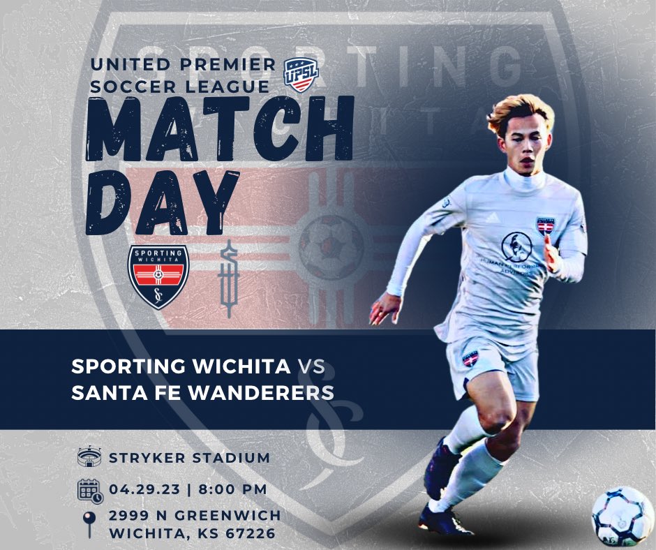 First home game of the season!
🗓 April 29th
⚽️ Sporting Wichita vs Sante Fe
⏱ 8:00pm CT
🏟 Stryker Stadium
#SW1 #upsl #sportingICT