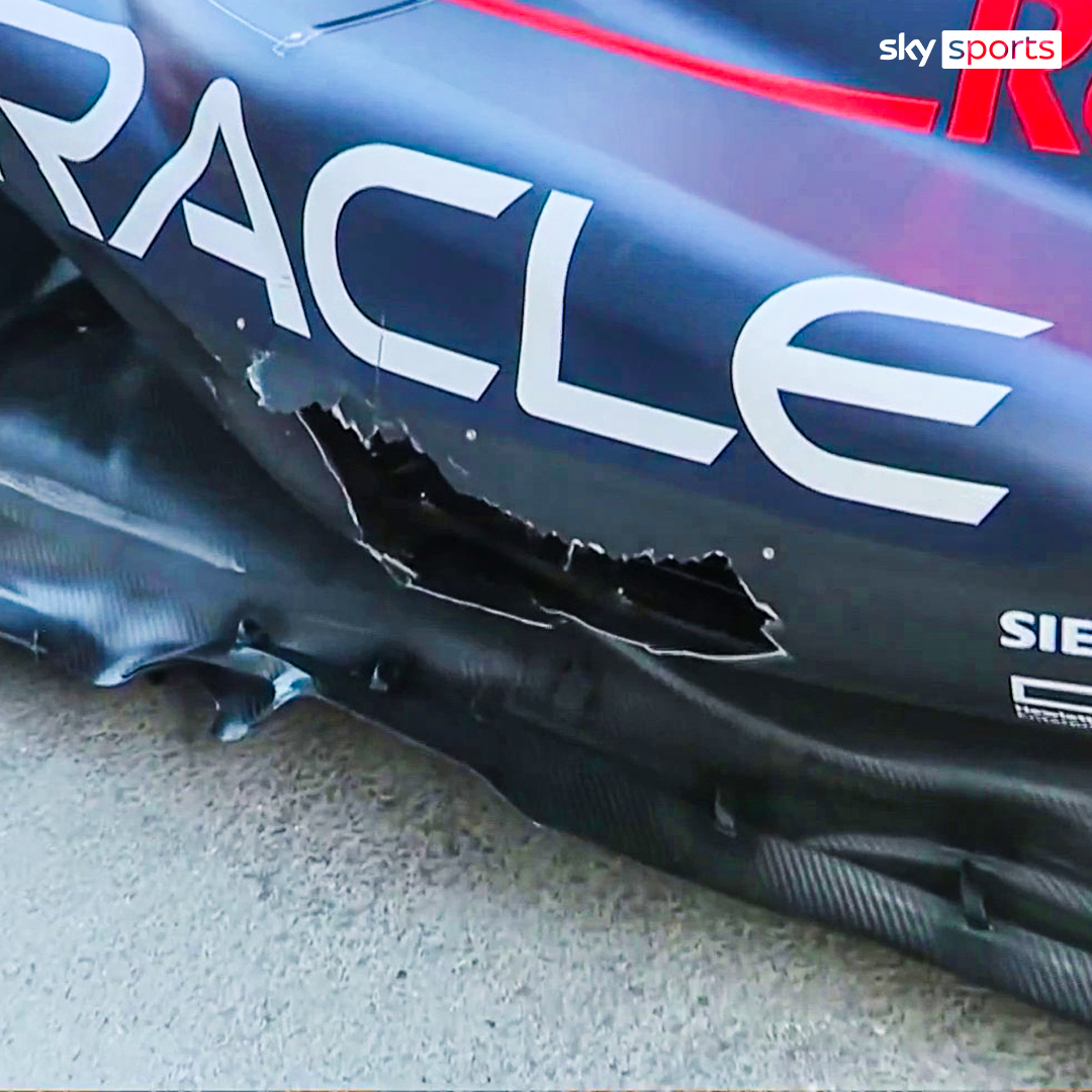 SkySportsF1's tweet photo. The damage to Max's car 😮 https://t.co/jtYndfJKeC