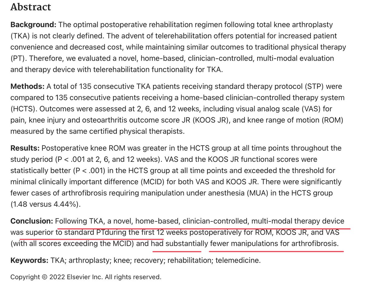 Retlouping's tweet photo. A Home-Based, Remote-Clinician-Controlled, Physical Therapy Device Leads to Superior Outcomes When Compared to Standard Physical Therapy for Rehabilitation After Total Knee Arthroplasty https://t.co/gXunzwHJxf https://t.co/k5ULi1z5zc