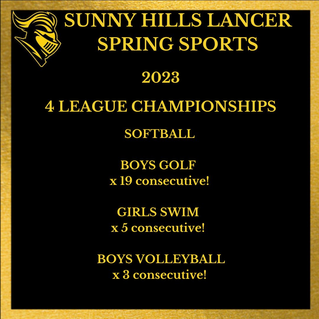 SunnyHillsAD's tweet photo. Sunny Hills Lancers have had a great Spring! League Championships in Softball 🥎
Girls Swim 🏊 
Boys Golf ⛳️ 
Boys Volleyball 🏐 
☀️
#SunnyOnTheHill 
#StaySunny
Let the Playoffs begin! @shhsboysvb @SoftballSunny @SHBoysGolf @sunnyhillshs @fjuhsd @ocvarsity @OCSportsZone https://t.co/j2HoQfuxL9