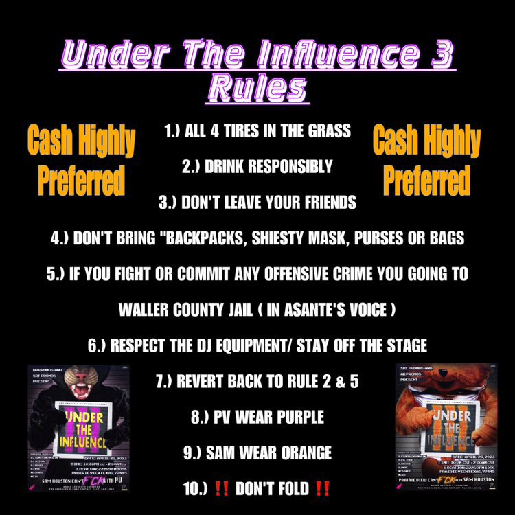 kk, we gettin turnt tn baybeeee !!!!
PV WEAR PURPLE 💟 sam cant top us !! i betta see all purple @ 10 👏🏾 we #UnderTheInfluence3 till 2 😼<a href="/asanteslater/">A’Sante’</a> <a href="/SameOhh_G/">The MF Villain x100</a>
