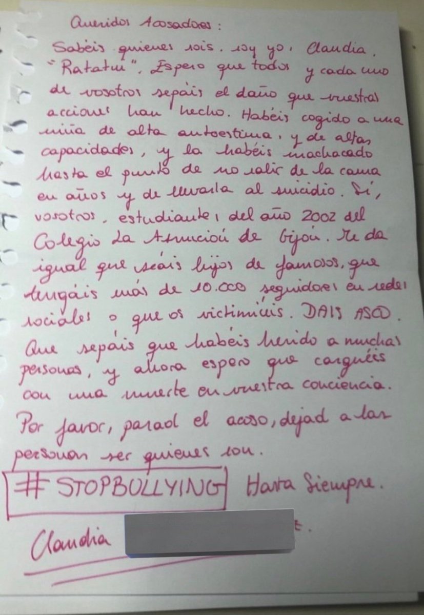 Esta es la carta que Claudia, una chica asturiana de 21 años, dejó escrita antes de acabar con su vida. Dirigida a los acosadores que durante años le hicieron Bullying hasta destruirla.

No son cosas de niños.
El silencio cómplice de quién calla también duele.

#stopbullying