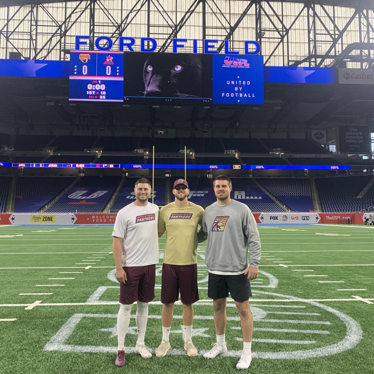 KKramerMU9's tweet photo. How it started:      How it’s going:

Pumped to be back playing at Ford Field 3.5 years later. 4PM ET tomorrow on Fox

@MiamiOHFootball 
@USFLPanthers https://t.co/9fOqDg998a