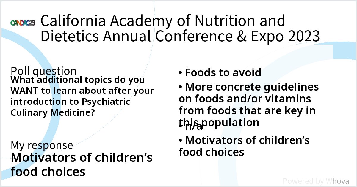 GigiFood's tweet photo. Check out these results from Psychiatric Culinary Medicine: A Clinical Master Class for Nutrition Professionals - SPONSORED BY JonesZylon at California Academy of Nutrition and Dietetics Annual Conference &amp; Expo 2023! #CANDAC23 - via #Whova event app https://t.co/qqV7zU2GmO