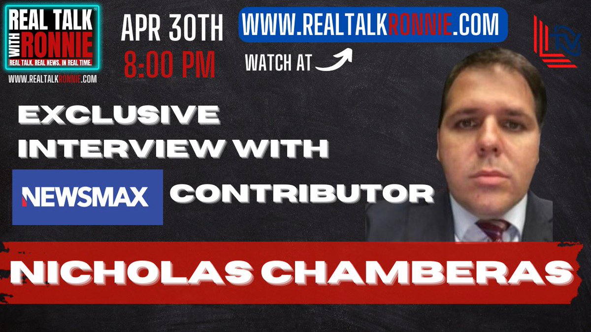 RonaldJosephLin's tweet image. TOMORROW @ 8:00 PM, “Real Talk With Ronnie” has an exclusive interview with Newsmax contributor Nicholas Chamberas where we chat about his latest editorial pieces on Newsmax as well as the recent ousting of Tucker Carlson from Fox News!

Watch the show at RealTalkRonnie.com