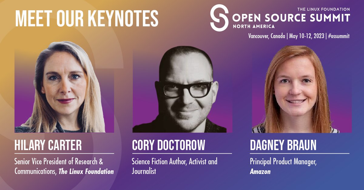 The Linux Foundation (@linuxfoundation) on Twitter photo We're excited to hear <a href="/doctorow/">Cory Doctorow NONCONSENSUAL BLUE TICK</a>, <a href="/linuxfoundation/">The Linux Foundation</a>'s Hilary Carter, and Dagney Braun’s keynotes at Open Source Summit North America, LIVE in Vancouver May 10-10! View all keynote sessions: hubs.la/Q01N2Zjk0. Register: hubs.la/Q01N2HGk0 #OSSummit #Linux We're excited to hear <a href="/doctorow/">Cory Doctorow NONCONSENSUAL BLUE TICK</a>, <a href="/linuxfoundation/">The Linux Foundation</a>'s Hilary Carter, and Dagney Braun’s keynotes at Open Source Summit North America, LIVE in Vancouver May 10-10! View all keynote sessions: hubs.la/Q01N2Zjk0. Register: hubs.la/Q01N2HGk0 #OSSummit #Linux