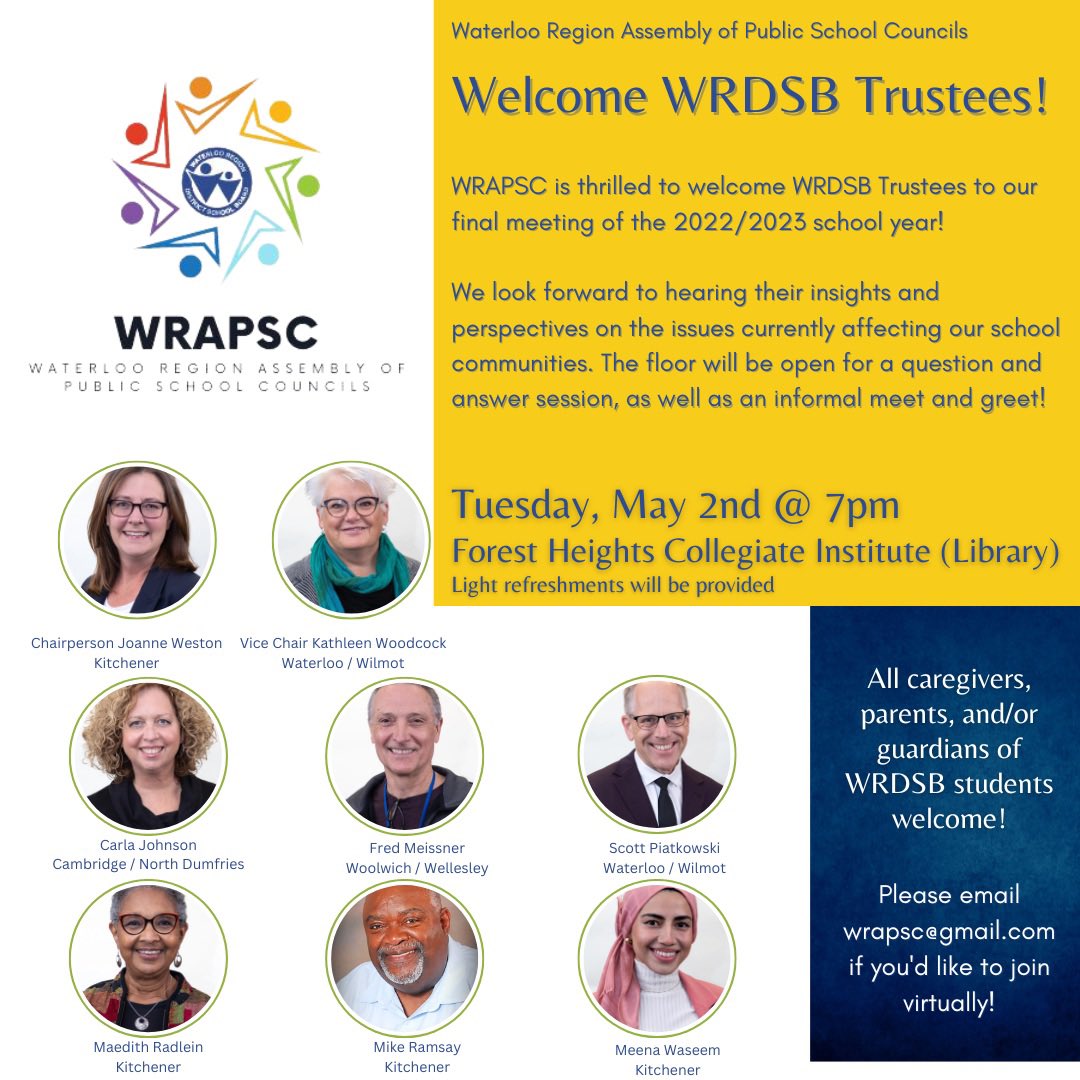 WRAPSC_WRDSB's tweet image. Happening May 2nd! We hope you can join us for the final meeting of the 22/23 school year. #WRAPSC #WRDSB #PIC