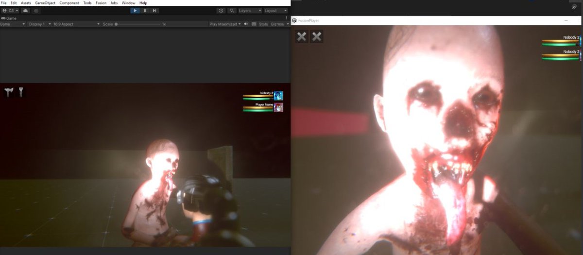 churi24's tweet photo. Trabajando. Esta criatura tiene un comportamiento  similar a la del jumper de Left4dead2.
Esto es una escena de test sin tanto post y bastante limpia. En la izquierda esta el host y en la derecha el client. #projectnightmaresmultiplayer https://t.co/wM0xq19qyn