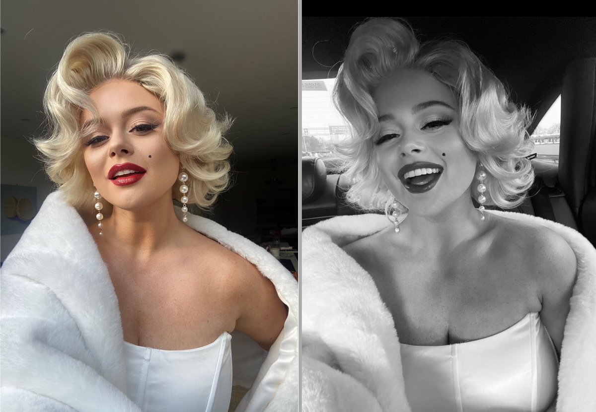 KateRobbins's tweet photo. My daughter @EmAtack sent me these pics. She’s on her way to a fancy dress party as Marilyn.
Ahh, to be young again!
I’m sat here in my trackie bottoms and paint splattered T shirt.
Right I’m off to the Co-op for some pickled onions. #LivingTheHiLife https://t.co/EHGfrR7JzC