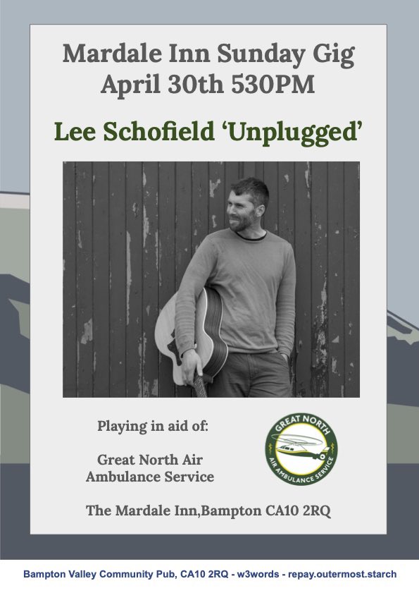 Excited to welcome @leeinthelakes to play ‘unplugged’ in The Mardale this Sun 30th at 530PM in aid of <a href="/GNairambulance/">Great North Air Ambulance</a>. Come &amp; along and support an awesome cause. Longer opening too until 10PM and also open Bank Holiday Mon Noon to 8PM.  🎶 🍻 🍷 💬