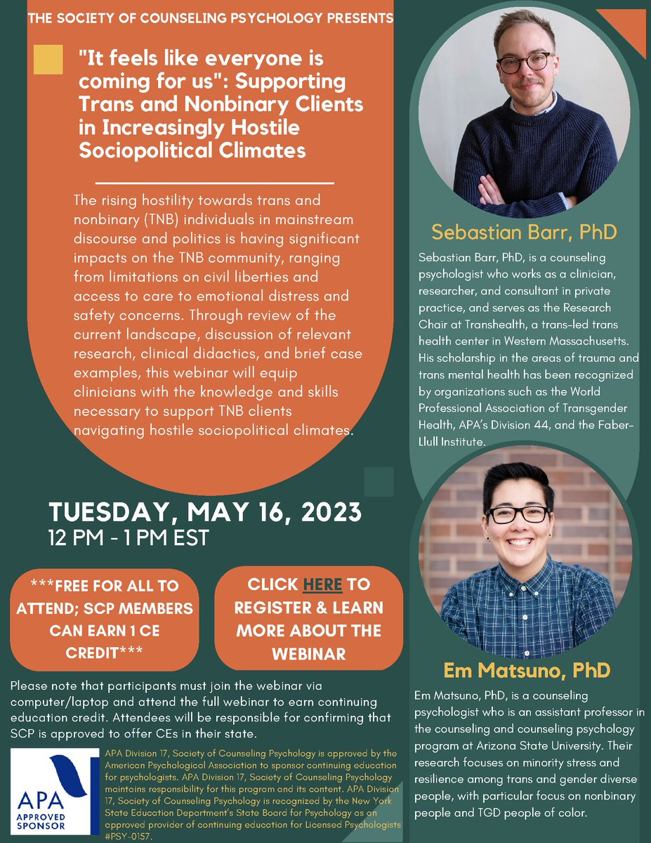 Trans &amp; nonbinary folks, I'm a trans psychologist and doing this free training for mental health providers on how to support their clients increasingly hostile sociopolitical climates. I'd love to include your voices. 

What would you like therapists to understand or do?