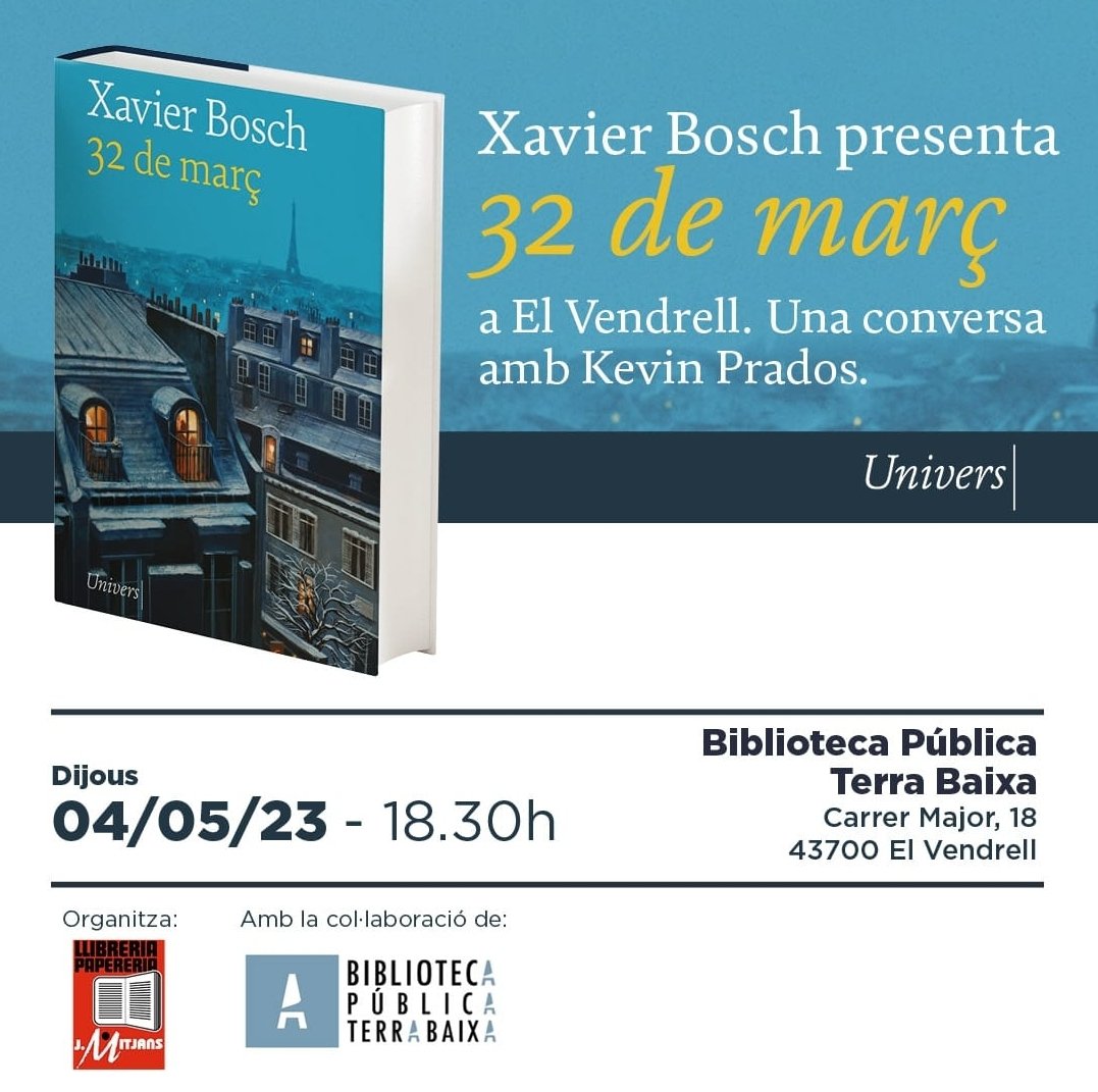 LLIBRERIAM's tweet photo. Aquest dijous a la @BiblioVendrell , amb @xavierbosch i @KevinPrados . Us hi esperem. https://t.co/BOghTVjy7S