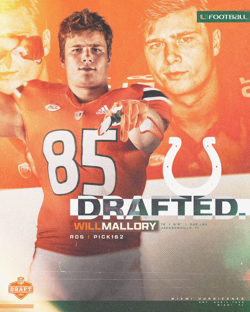 CanesFootball's tweet photo. Will Mallory goes 162 overall to the @Colts!

@WillMallory_25 
#NFLDraft  x #GoCanes 🙌 https://t.co/LN8C7fgXiP