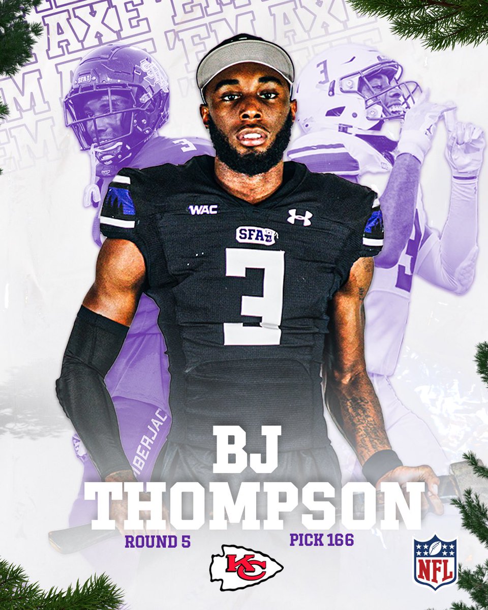 Lumberjack Football (@sfa_football) on Twitter photo With the 166th pick in the 2023 NFL Draft, the <a href="/Chiefs/">Kansas City Chiefs</a> have selected Lumberjack Legend <a href="/_BJThompson/">Brandon Thompson Jr.</a>! 🪓
#AxeEm x #RaiseTheAxe x #JacksInThePros With the 166th pick in the 2023 NFL Draft, the <a href="/Chiefs/">Kansas City Chiefs</a> have selected Lumberjack Legend <a href="/_BJThompson/">Brandon Thompson Jr.</a>! 🪓
#AxeEm x #RaiseTheAxe x #JacksInThePros