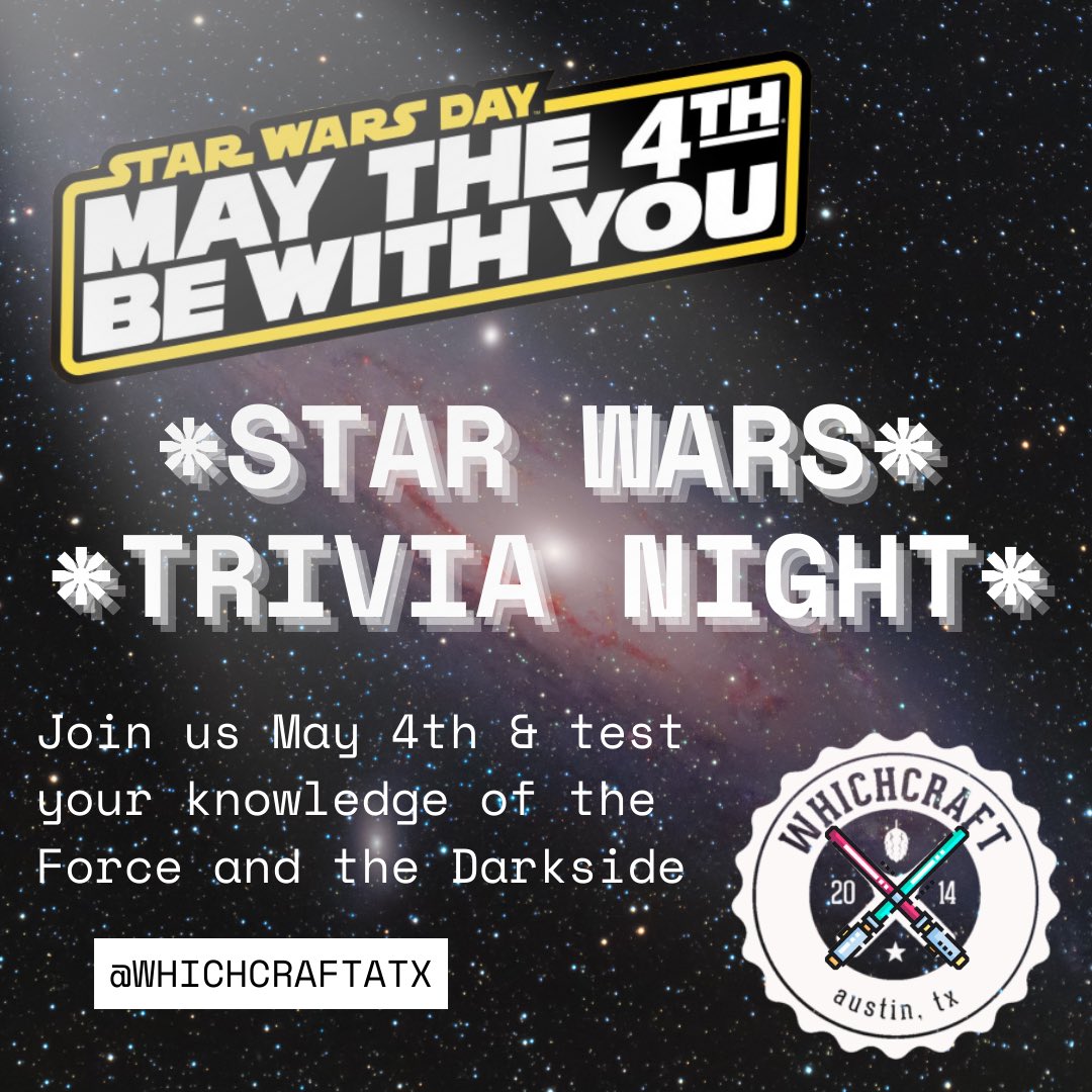 If ya’ll love Star Wars as much as we do then join us May 4th for an epic trivia night! Put your heads together and see how much you can remember about The Empire and Jedi Order while having a delicious pour🍻🌠…
.
.
#whichcraft #whichcraftatx #craftbeer #beer #austin