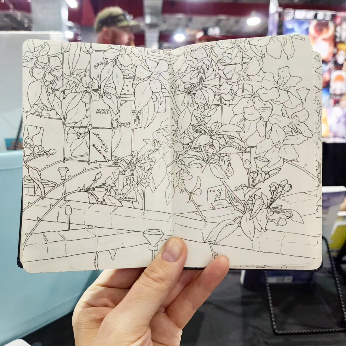 Here's the veiw from my table last year at #CalgaryExpo in my signature style where I combine it with the next thing I drew, my cherry tree in bloom 🍒