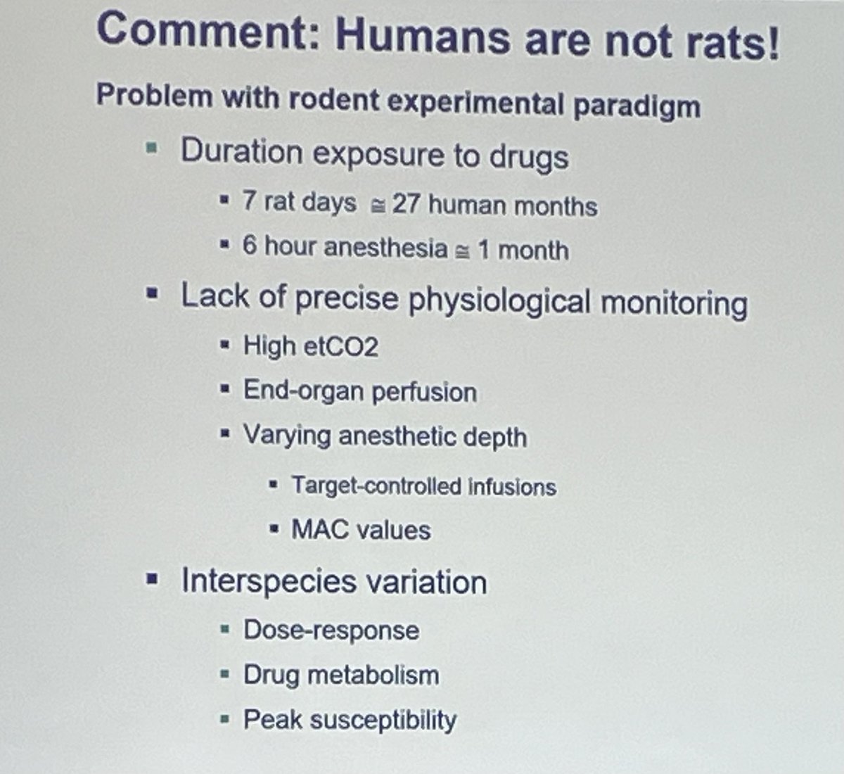 @GraaffJurgen on anesthetic neurotoxicity studies. While humans are animals, exercise caution when extrapolating animal data to humans… but data shows short, single episode anesthetics do not affect cognition.