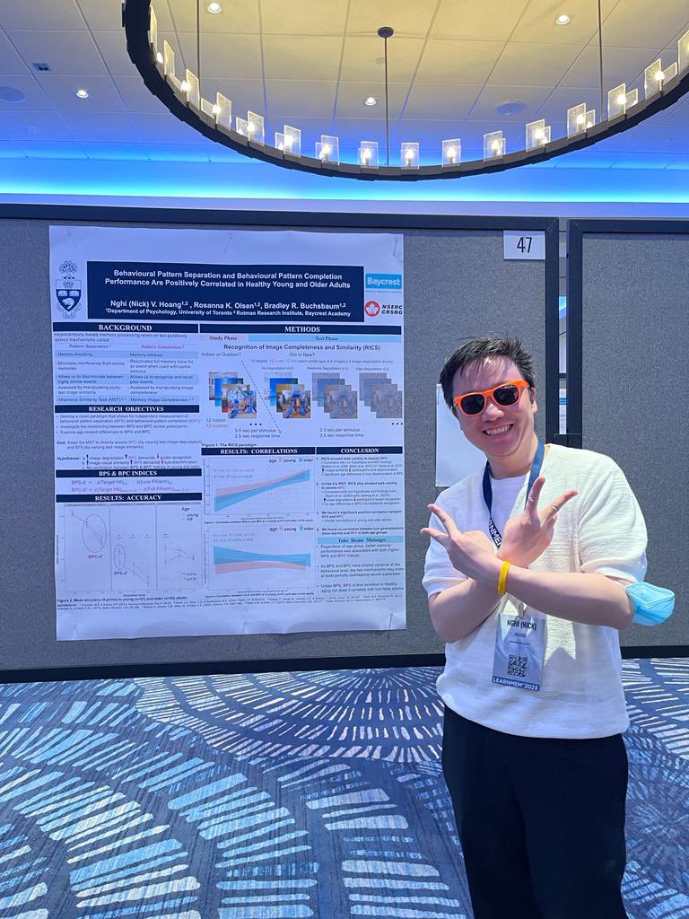 NghiNick's tweet photo. Hey 🧠 friends @LEARNMEM, come by @ 1pm to my poster #47 to hear me 🗣️relentlessly 😅 on my PhD ✍️ with my 2 advisors @rosanna_olsen @Brad_Buchsbaum 

Behavioural pattern separation &amp; pattern completion performance are positively correlated in healthy young and older adults 😎🏄 https://t.co/pI5CwPXSZP
