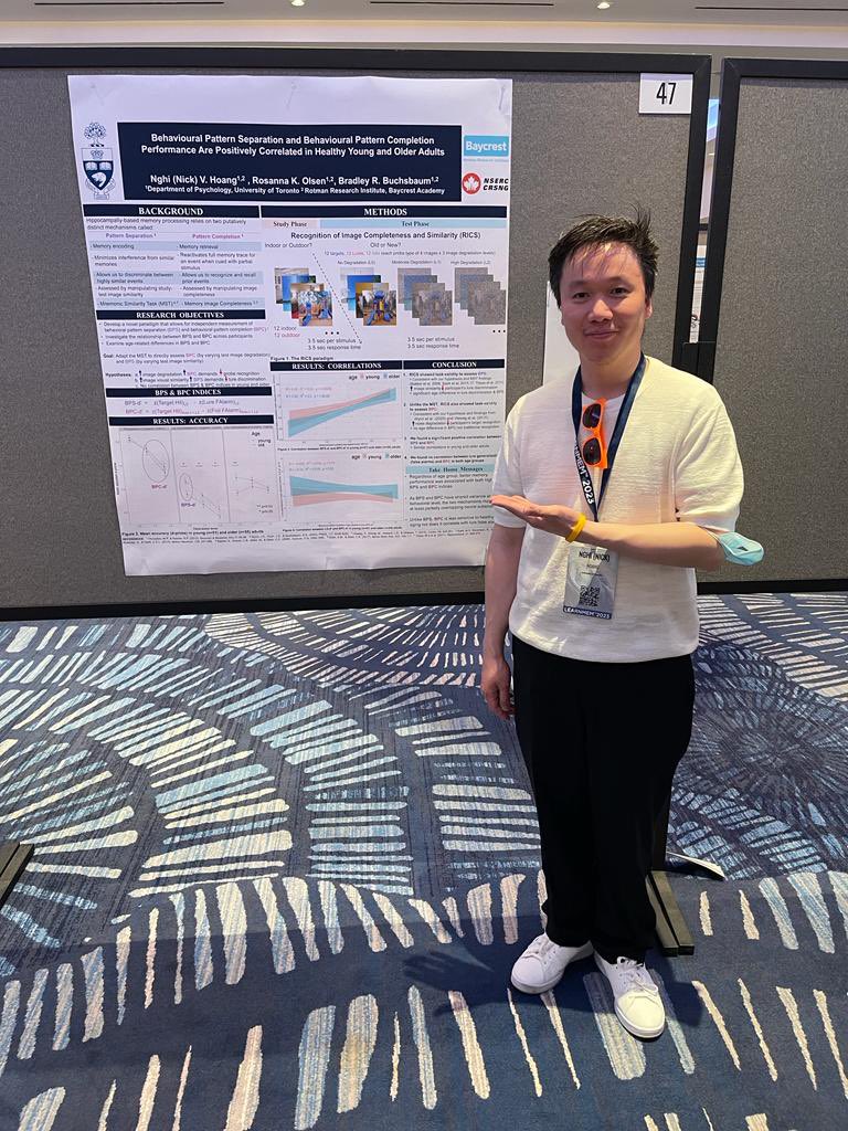 NghiNick's tweet photo. Hey 🧠 friends @LEARNMEM, come by @ 1pm to my poster #47 to hear me 🗣️relentlessly 😅 on my PhD ✍️ with my 2 advisors @rosanna_olsen @Brad_Buchsbaum 

Behavioural pattern separation &amp; pattern completion performance are positively correlated in healthy young and older adults 😎🏄 https://t.co/pI5CwPXSZP