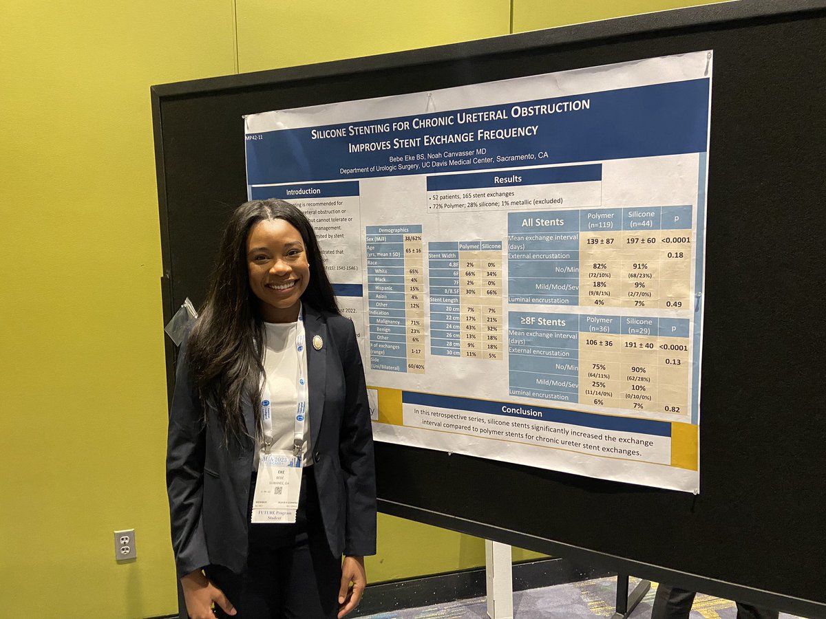 noahcanvasser's tweet photo. Proud of @Bebe_Eke presenting our work on silicone stents for chronic stent exchanges! Start at 6 months, and expand interval by 2-3 months based on encrustation. Less visits for patients, more OR time to do other cases. @UCDavisUrology #AUA2023 https://t.co/OqCWzLjahE