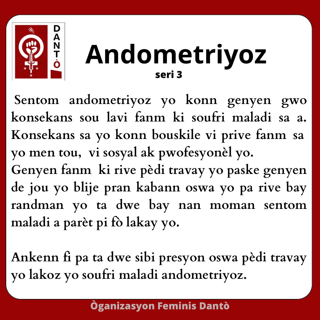 DantoFeminis's tweet photo. Ankenn fanm pa ta sipoze pèdi travay yo paske yo genyen andometriyoz..

#batayfanm #feminisayisyen #feminisayiti #andometriose https://t.co/zpB92aIN2q