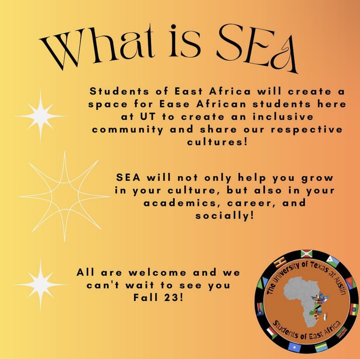 texas__sea's tweet photo. Students of East Africa is coming to UT!!!
Starting next fall, SEA is where you'll want to be! We are beyond excited to
welcome everyone and share our cultures!
SEA y'all soon 🥳 https://t.co/KhTZIPpVrD