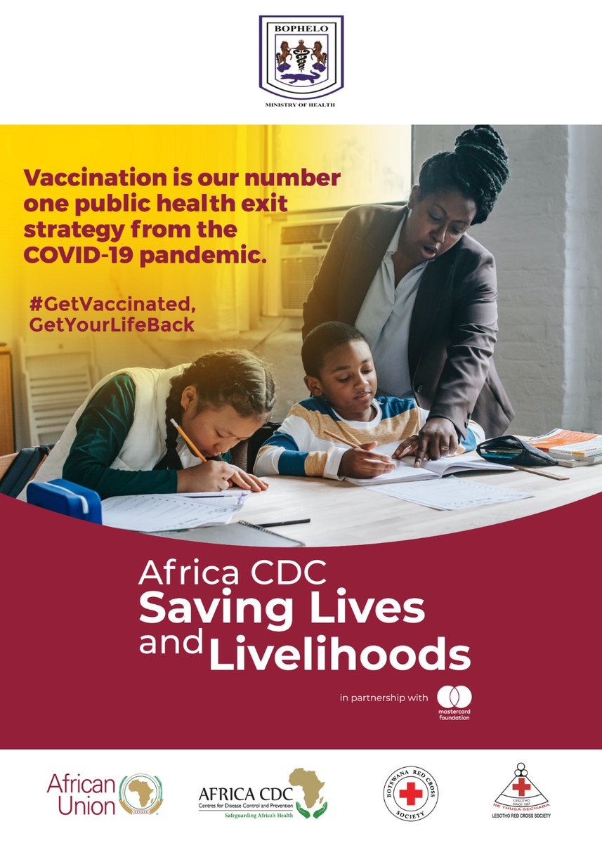Get vaccinated, get your life back!
This message is brought to you by Ministry of Health and Lesotho Red Cross Society supported by <a href="/AfricaCDC/">Africa CDC</a> Saving Lives and Livelihoods programme in partnership with <a href="/MastercardFdn/">Mastercard Foundation</a>.
#AfricaCDC
#SavingLivesandLivelihoods
#MastercardFoundation