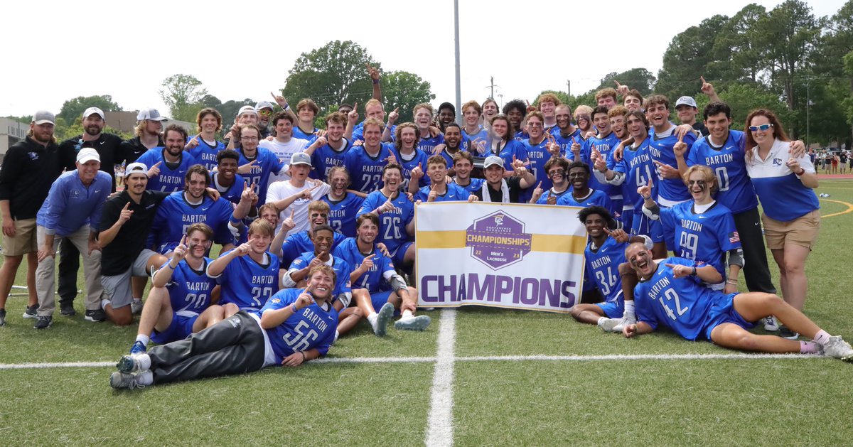BartonAthletics's tweet photo. YES, CALL IT A COMEBACK! . Barton rallies from a five-goal, third-period deficit to beat North Greenville, 9-8, to win the 2023 @ConfCarolinas Men's Lacrosse Championship! . Mount Olive, N.C. . Bulldogs win their first-ever men's lacrosse league title! . @barton_menslax . 🏆🏆🏆 https://t.co/enecoc6kzU