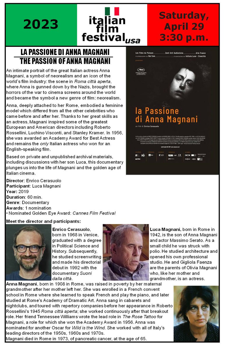 ItalianUWM's tweet photo. Italian Film Festival USA April 28-30, 2023!
Oggi alle 15:30! Today at 3:30PM!
UWM Union Cinema, Kenwood Boulevard and Mayland Avenue, Milwaukee https://t.co/2a8CyGYXle