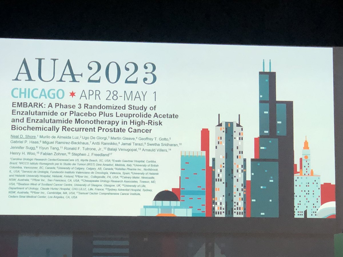 SFreedlandMD's tweet photo. Proud to have co-led the #practicechanging #EMBARK trial with @nealshore showing improved #MFS and trends for better survival for #enzalutamide with or without #ADT. #AUA23 @pfizer @AstellasUS @CSCancerCenter @CedarsSinaiMed https://t.co/BrjWHbC7RD