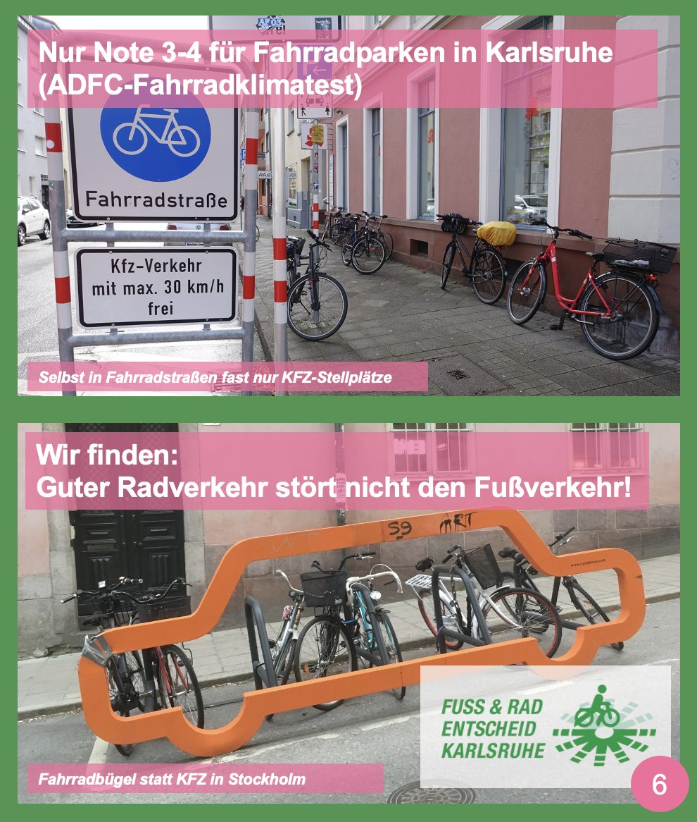 Ideen für Karlsruhe, Nummer 6: Fahrradparken. Selbst entlang Fahrradstraßen sind fast nur Kfz-Stellplätze vorhanden.