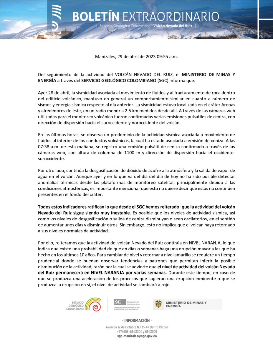 sgcol's tweet photo. Boletín extraordinario de actividad del volcán Nevado del Ruiz - 29 de abril 09:55. El nivel de actividad continúa en NARANJA 🔸
https://t.co/fnJSCXpzor
#SGCVolcanes https://t.co/WxfAnKBaxW