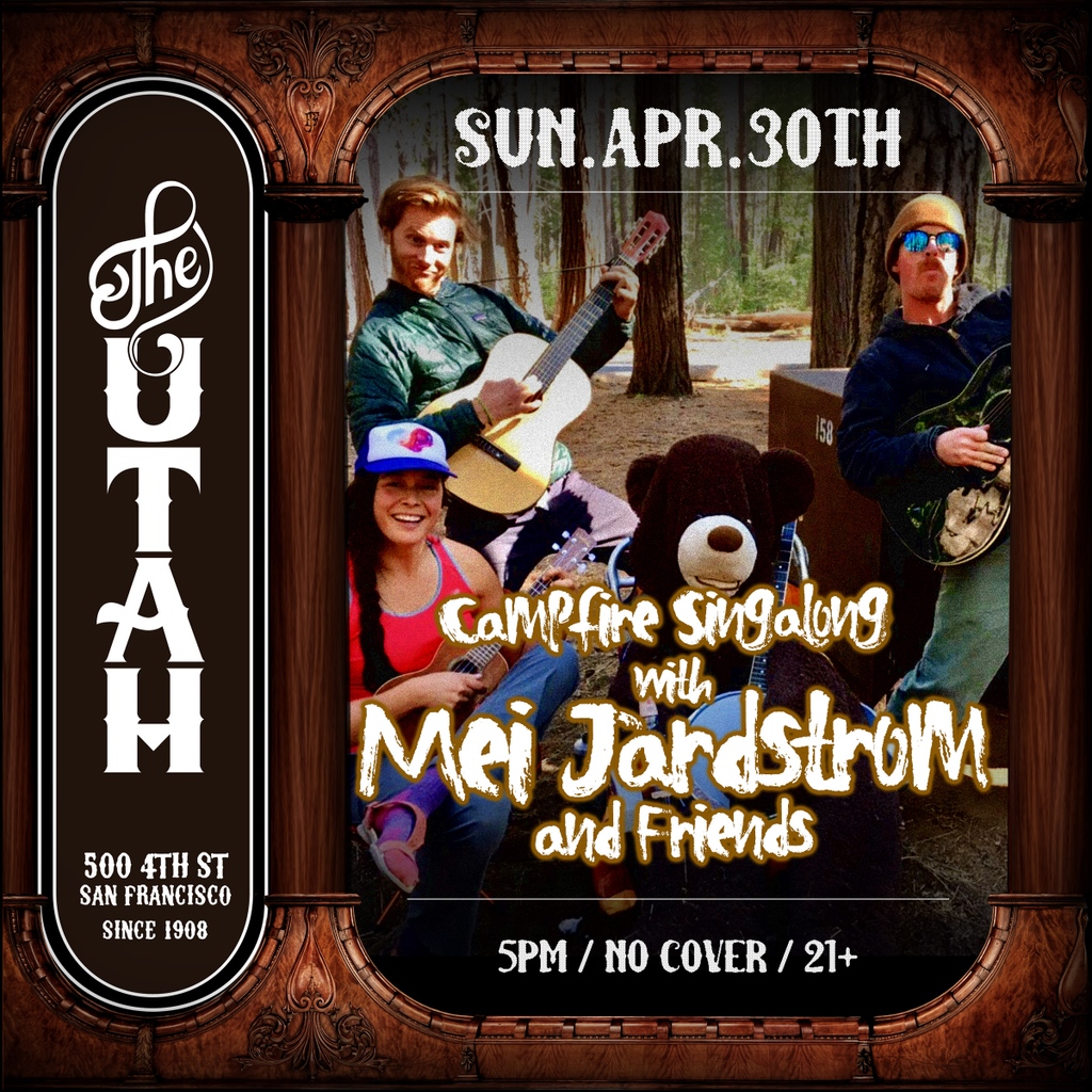 Sunday, April.30th
Campfire Singalong with  Mei Jardstrom and Friends

5 pm  /   FREE
21+ with ID

Get tickets at hotelutah.com
Link in bio ↑

#MeiJardstram and Friends #Guitarist #SingerSongwriter #TheHotelUtah