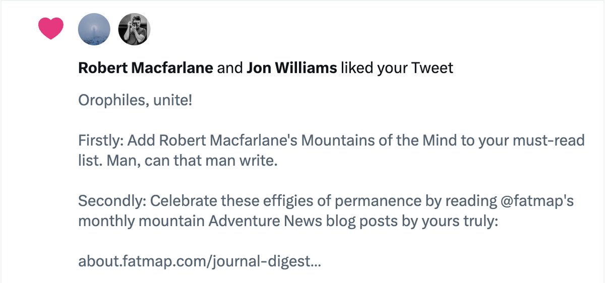 FabienneLang2's tweet photo. @fatmap I'm speechless. One of my favourite #authors just liked the tweet I mentioned him in... I can die a happy woman now. Thank you, @RobGMacfarlane for making my day, week, month - year! 
(This post feels very millennial but why the heck not share my excitement.) https://t.co/yrUhWgWvmy
