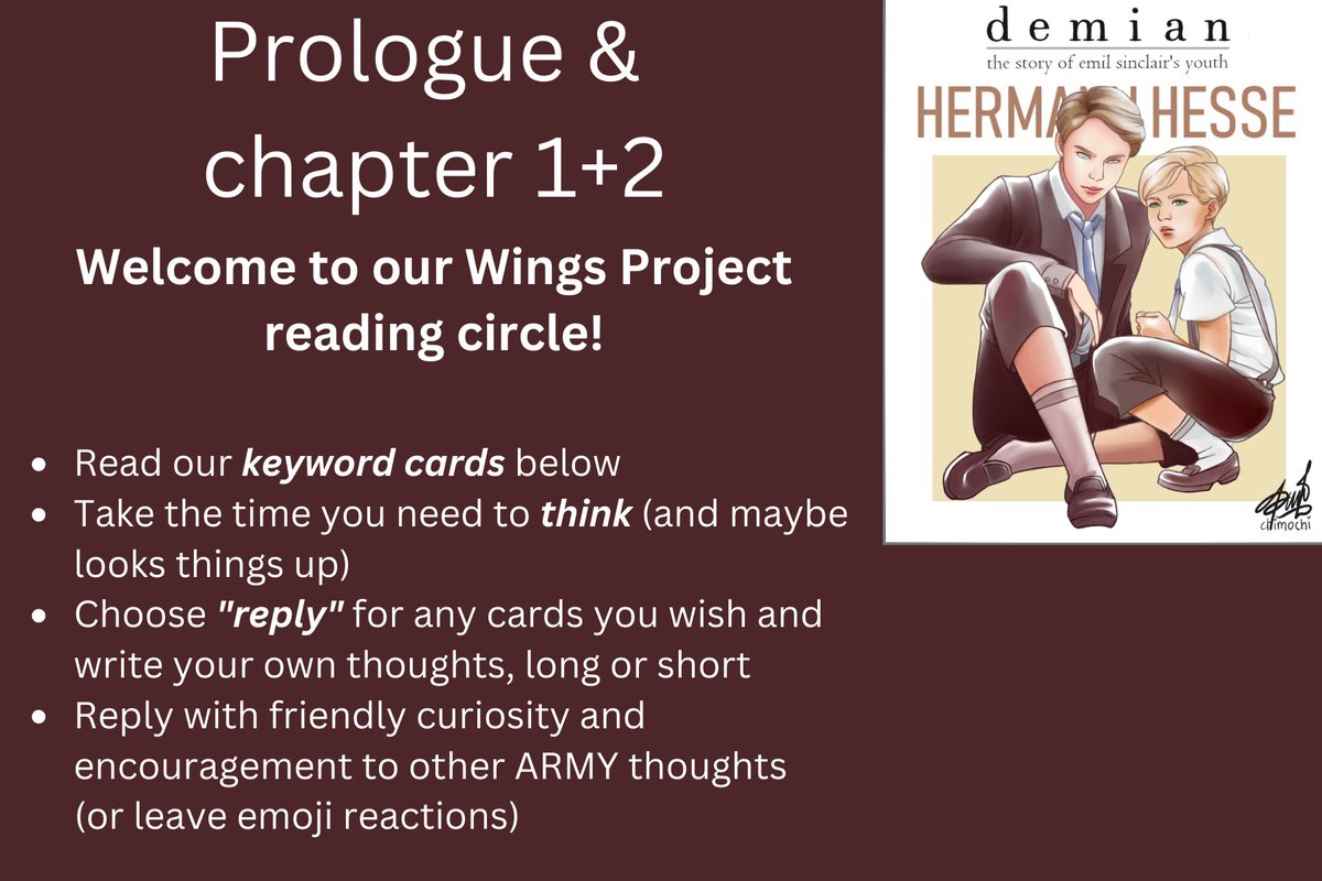 bangtan_library's tweet photo. Part 7 of the #WingsProject was the actual reading of "Demian" by Hermann Hesse! 📖🤓
We provided the legal pdf of the book, and gathered with ARMYs every February weekend on Discord for a reading circle - free and structured book discussions: https://t.co/vyKiE5tyeM