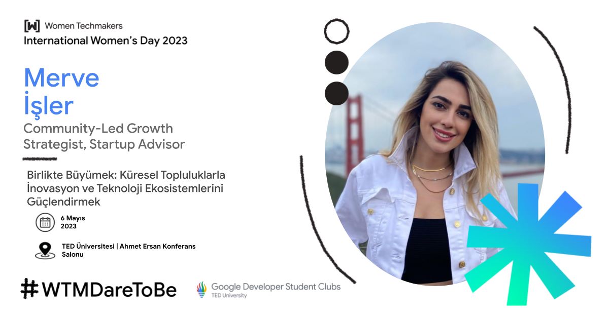 International Women Days programı ile karşınızdayız 🥳 6 Mayıs Cumartesi günü Merve İşler (<a href="/merve_isler/">Merve Isler</a>) "Birlikte Büyümek: Küresel Topluluklarla İnovasyon ve Teknoloji Ekosistemlerini Güçlendirmek"  sunumuyla bizlere katılacak.🤩
Siz de hemen kayıt olun;  bit.ly/44b7O7o